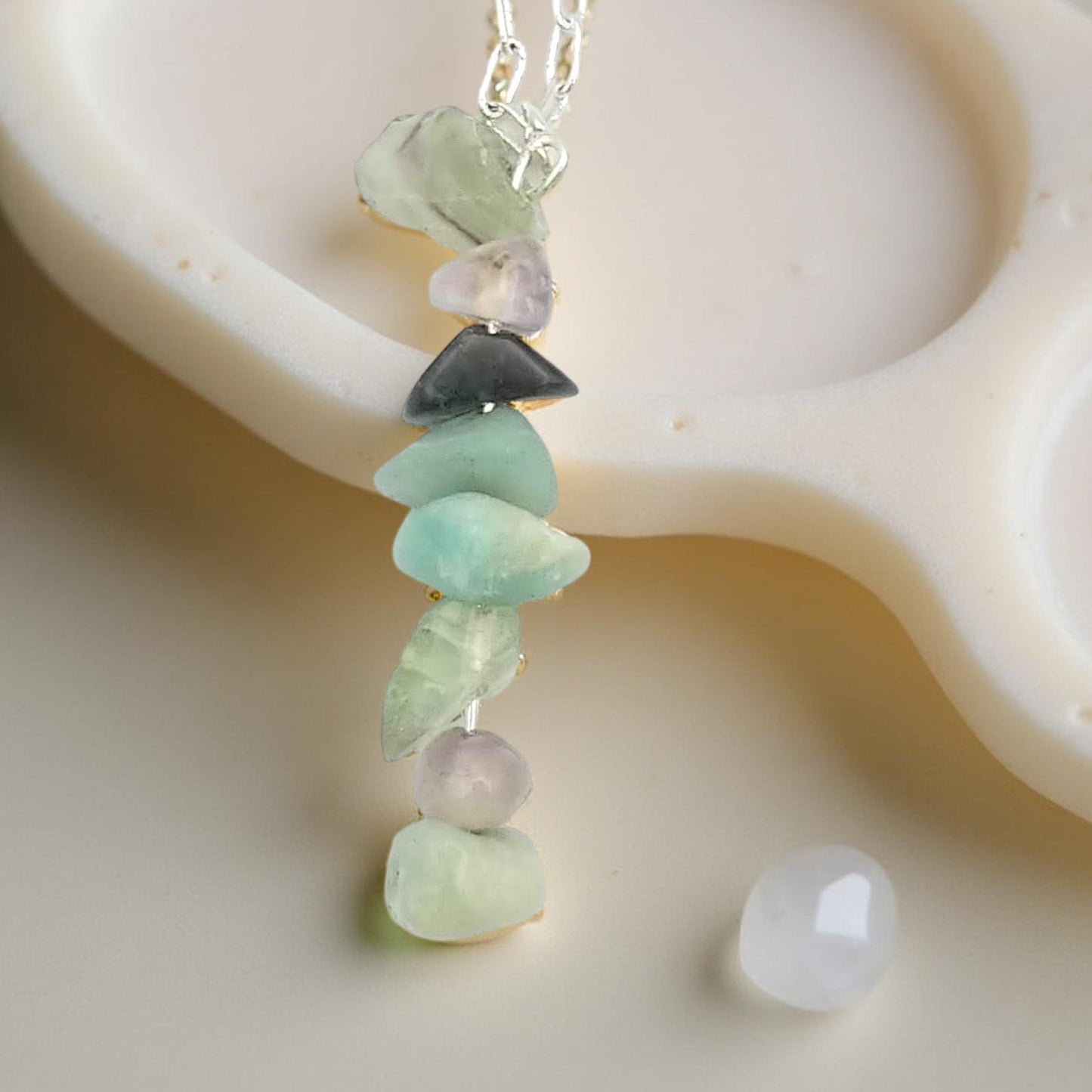 Mercury Retrograde protection necklace has assorted chipped crystals including sodalite, amazonite, blue lace agate, clear quartz, and green fluorite. Hanging on a 20 inch long silver toned chain. With the gemstones a-lined on a 2 1/4 inch drop in a random but complementary order.